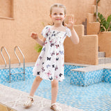 Family Matching  Butterfly Printing Bubble Sleeves Elegant Long Dresses
