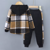Boys and Children's New Long-sleeved Plaid Contrasting Color Hooded Two-piece Suit