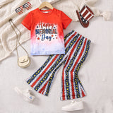 3-8T Kid Girls Summer English Graphic Star Stripe Print Flared 2 Pcs Set