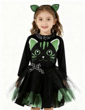 3-6T Kid Girl Printed  Black Cat Playful Dresses 2 Pcs Set