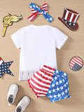 Summer Baby Girl Fringed Short-sleeved Splicing Independence Day 3 Pcs Set Outfits