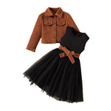 3-10Y Kid Girls Brown Single-breasted Long-sleeved Suit 2 Pcs Set