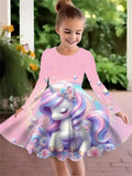 2-10T Kid Girl Crew Neck Long-sleeved Flower Casual Dresses