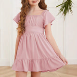 Kid Girl Summer Solid Halter Pleated Casual Dress