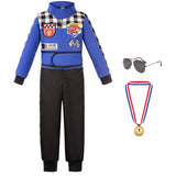 3-10Y Kid Boy Red Blue One-piece Plaid Track Racing Suit