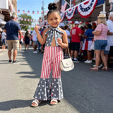 Kid Baby Girl Independence Day Flower Stripe Printed Neck Tie-Up Flared Pants