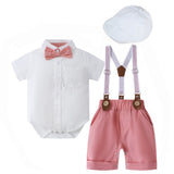 Baby Boys Gentleman Short Sleeve Overalls Bow Tie 3 Pcs Set