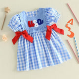 Independence Day Kid Baby Girl Summer Blue Plaid Embroidered Dress