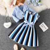 3-10Y Kid Girls Vertical Striped Lapel Jacquard Suit 2 Pcs Set