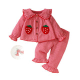 6M-3Y Baby Girl Plaid Strawberry Patch Doll Collar Long Sleeve Lace Sleeve Pajamas