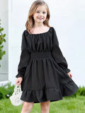 Kid Girl Square Collar Horn Long-sleeved Ruffle Big Swing Dresses