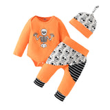 Halloween Baby Orange Skull Print Long Sleeve Stitching 3 Pcs Sets