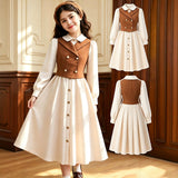 5-12Y Kid Girls  British Style Academic Suit Spring Autumn Retro White Dresses