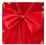 3-8Y Kid Girl Christmas Red Long Sleeve Bubble Sleeve Bow Dresses