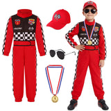 3-10Y Kid Boy Red Blue One-piece Plaid Track Racing Suit