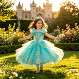 Jasmine Jasmine Princess Dress Lake Blue Sequin Short Sleeve Tutu Girls Halloween Cos Dress