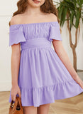 Kid Girl Summer Solid Halter Pleated Casual Dress