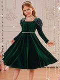 Kid Girl Princess Pearl Waist Velvet Host Performance Long Sleeves Dresses