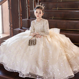 2-12T Kid Girl Champagne Long-sleeved Catwalk Puffy Gauze Dresses