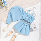 Kid Girls Suit Long-sleeved Flower Suspenders Shorts 3 Pcs Set