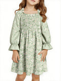 Kid Girl Square Neck Lantern Sleeve Ruffle High Waist Lace Dresses