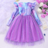 2-8Y Kid Girl Long Sleeve Crew Neck Bow Mesh Christmas Halloween Party Dress