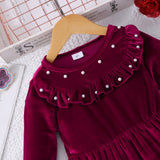 2-8Y Kid Girls Velvet Pearl Medium Long Christmas New Year Dresses