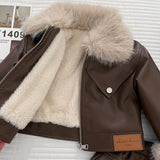 2-10T Kid Girls Leather Fur Collar Jacket Pleated Suits 2 Pcs Set