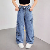 7-12Y Teen Kid Girl Star Decorated Hip Hop Jeans Pants