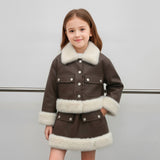 2-10T Kid Girl Leather Foreign Fur Collar Hip Suits 2 Pcs Set