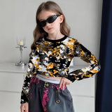 Fashion Versatile High Quality Checked Girls Short Crew Neck Long Sleeves