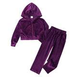 1-12T Kid Girl Autumn Winter Casual Velvet Hooded Solid Suit 2 Pcs Set