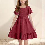 4-14T Kid Girl Sleeveless Square Neck Pleated Backless Short Dress