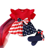 3 Pcs/Set Baby Girl Red And White Strip Star Splicing Independence Day Dress