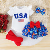 Baby Girl Summer Letter Printed Short Sleeve Printed Independence Day 3 Pcs Set