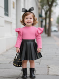 Children's Clothing Girls' Turtleneck Knitted Ribbed Long-sleeved Top Pleated Leather Skirt Two-piece Set