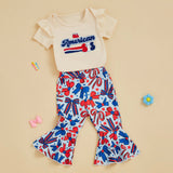 Independence Day Letter Embroidered Flying Sleeves Flared Short Sleeve Set 2 Pcs/Set