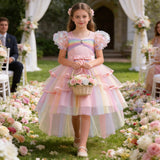 Kid Girls Colorful Mesh Trailing  Bubble-sleeved Dresses