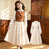 5-12Y Kid Girls  British Style Academic Suit Spring Autumn Retro White Dresses