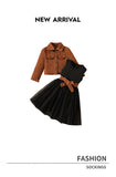 3-10Y Kid Girls Brown Single-breasted Long-sleeved Suit 2 Pcs Set