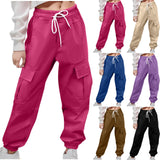2-10T Kid Girl Solid Pockets Drawstring Overalls Trousers Pants