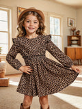 Leopard Print Long Sleeve Drip Neck Small Fly Sleeve Long Sleeve Ruffled Simple Dress