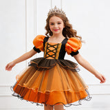 New Girls Princess Dress Halloween Costume Cosplay Witch Dress Bubble Sleeves Pumpkin Mesh Fluffy