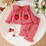 6M-3Y Baby Girl Plaid Strawberry Patch Doll Collar Long Sleeve Lace Sleeve Pajamas