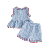 Baby Girl Summer Independence Day Flag Embroidered Sleeveless Top Shorts 2 pcs Sets