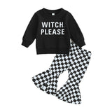 Halloween Kid Baby Girl Witch Letter Long Sleeve Checkered Bell 2 Pcs Sets