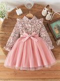 Kid Girls Long Sleeve Lapel Floral Mesh Dress