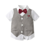 Kid Baby Boys Cotton Short-sleeved British Overalls Three-piece Set