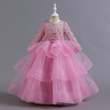4-14T Kid Girl Long Sleeve Mesh Fluffy Princess Piano Host Birthday Dresses