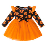 Kid Sweet Girl Halloween Pumpkin Long-sleeved Mesh Dresses